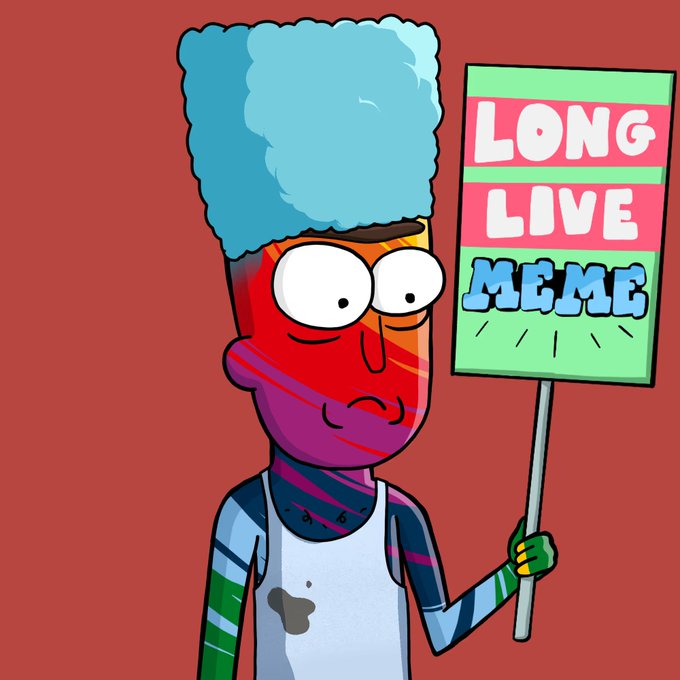 A cartoon zombie-like character with blue hair holds a sign reading "LONG LIVE MEME," poking fun at the post's defiant refusal to stop collecting the meme NFT collection despite its apparent lack of financial success. The image's ironic embrace of meme culture mirrors the poster's tongue-in-cheek stubbornness in continuing to engage with the project.