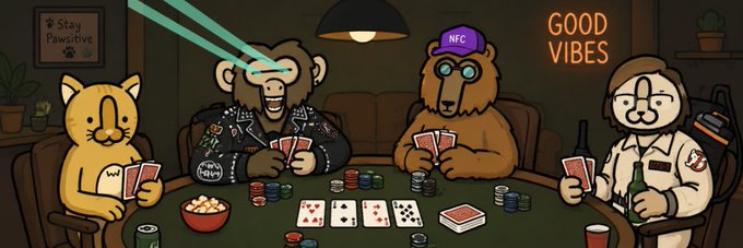 A cartoon illustration of animals (cat, monkey with laser eyes, bear with NFC hat, and Ghostbusters character) playing poker together under a 'GOOD VIBES' neon sign.