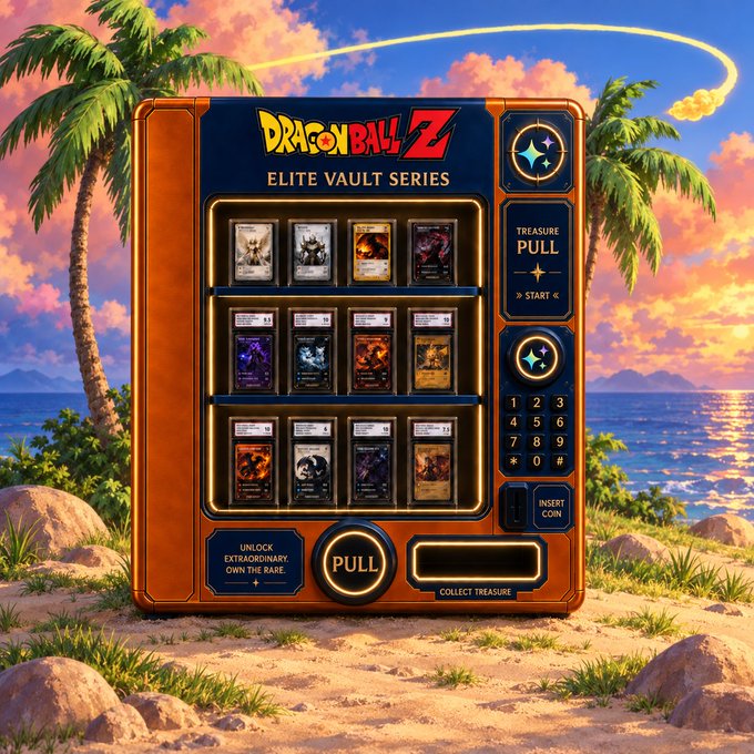 A promotional graphic featuring a vending machine-style display titled 'DRAGON BALL Z ELITE VAULT SERIES' with various cards visible, a 'PULL' button, and a keypad, set against a tropical sunset beach scene.