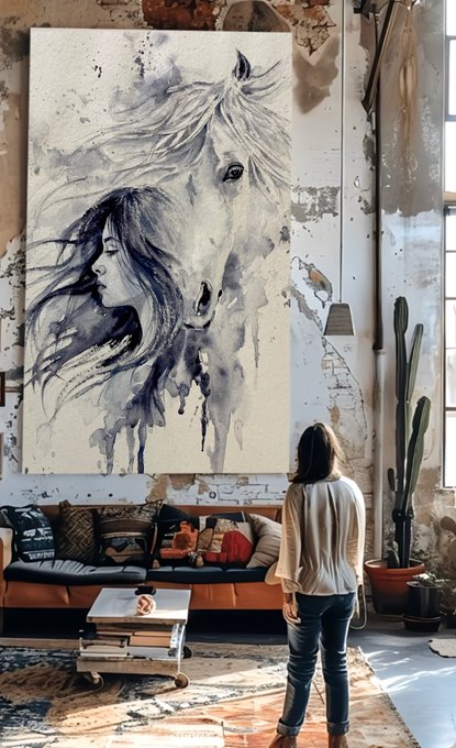 A woman standing in an industrial-style loft admiring a large canvas painting depicting a watercolor-style horse and a woman with flowing dark hair, with a couch and cactus visible in the room.