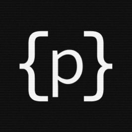 Logo for a brand showing a lowercase letter "p" enclosed in curly braces on a dark textured background, resembling a code snippet.