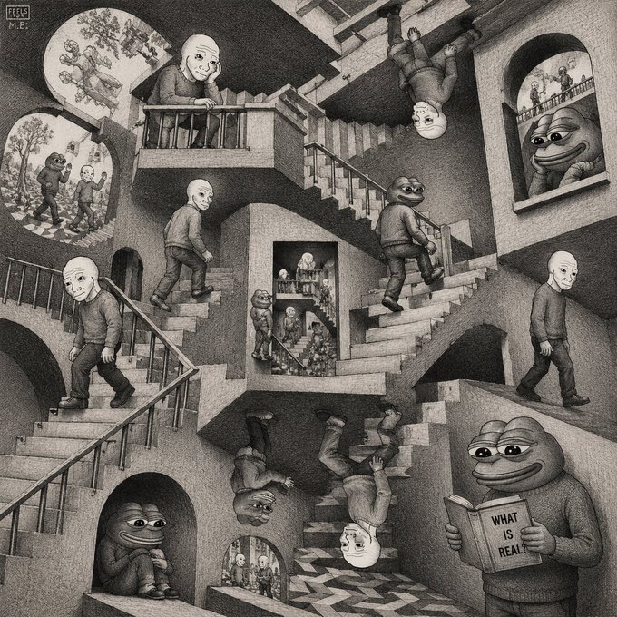 The image features a black and white illustration of a group of people walking up stairs, with some of them wearing masks. The scene includes a man reading a book while others are climbing the stairs or looking down from the top step. There are also several other figures in the background, adding to the overall atmosphere of the artwork.

The post seems to be discussing the concept of reality and what is real. It suggests that people's beliefs can shape their perception of reality, as seen through the characters' actions and the way they interact with each other within the scene. The image may provoke thoughts about how our own beliefs and experiences influence our understanding of the world around us.