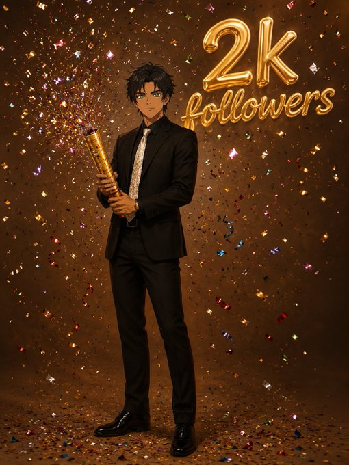 An anime-style man in a suit holding a golden confetti cannon, with "2K followers" written in gold balloon text behind him.