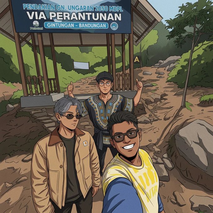 An illustrated cartoon-style image of three men posing for a selfie at a mountain trail entrance, with a sign reading 'PENDAKIAN GN. UNGARAN 2050 MDPL VIA PERANTUNAN GINTUNGAN - BANDUNGAN'.