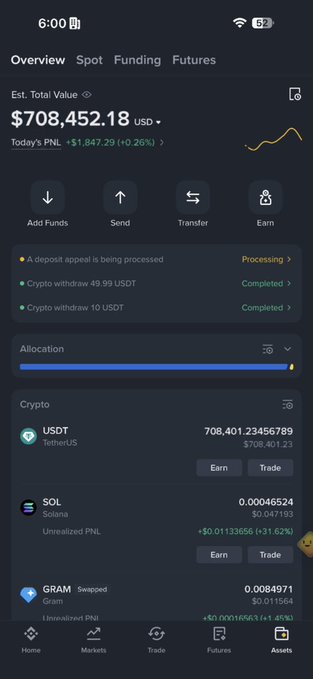 A smartphone screenshot of a crypto portfolio dashboard showing an estimated total value of $708,452.18 USD with holdings in USDT (708,401.23), SOL (0.047193), and GRAM (0.011564), alongside a motivational caption celebrating long-term crypto trading success. The substantial account balance visually reinforces the post's claim that persistent crypto trading can be life-changing and financially rewarding.