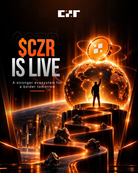 A promotional poster displaying '$CZR IS LIVE - A stronger ecosystem for a bolder tomorrow' with a glowing orange globe and a silhouetted figure reaching upward.