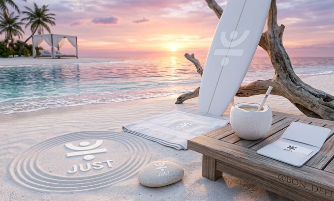A beach resort scene at sunset featuring a surfboard, towels, a coconut drink, and items branded with 'JUST' arranged on the sand and a wooden table.