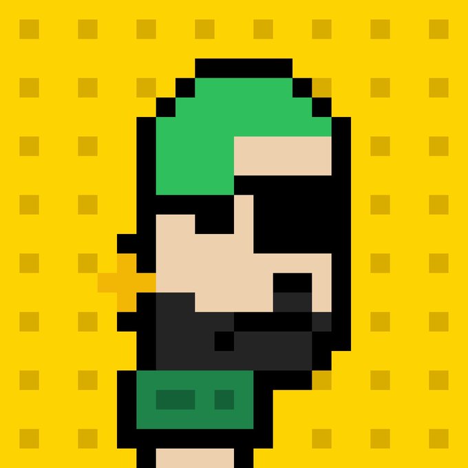A pixel art character with green hair, peach skin, and dark clothing stands against a yellow background with dark yellow squares.