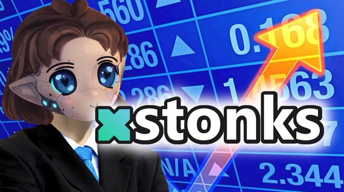 An anime-style character with glowing blue eyes and mechanical features wears a business suit, positioned alongside the "xstonks" logo and an upward-trending stock chart arrow against a blue financial data background with numbers like "0.168" and "2.344." The image aligns with the post's celebratory tone about the one-year anniversary with xStocksFi, using the rising arrow and stonks meme format to visually represent the platform's growth from $30M to larger AUM.