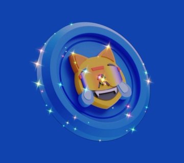 A 3D rendered yellow cat head wearing headphones with a glowing blue ring and sparkles on a blue background.