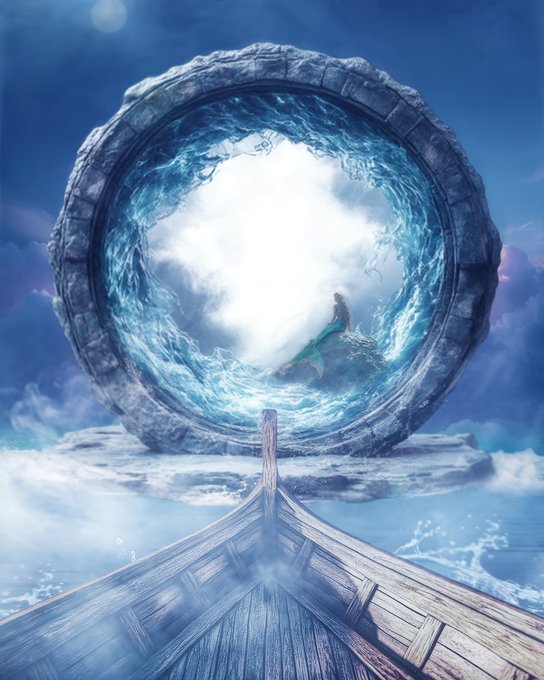 The image features an intriguing scene with a boat sailing through a portal that appears to be made from water. The boat is positioned at the center of the image, surrounded by a blue ocean. A person can be seen standing on the boat, possibly exploring or navigating this mysterious gateway. Above them, there are clouds floating in the sky, adding to the atmosphere of the scene. The post also includes text that reads "NEW PIECE! Title: The Portal 1/1 6666 XTZ Sailing through the veil between two worlds... A mysterious portal rises from the endless sea, bridging realms unknown. Beyond the swirling gateway, a siren of the deep awaits on her ancient rock.. guardian of secrets, tides, and".