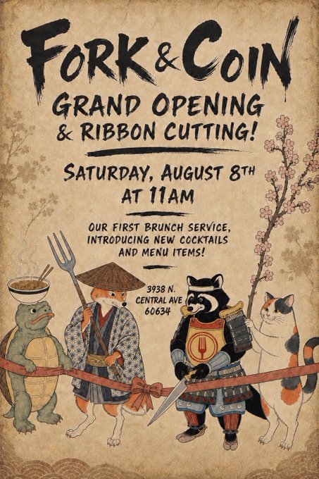 A vintage-style poster announcing the 'FORK & COIN GRAND OPENING & RIBBON CUTTING!' on Saturday, August 8th at 11AM, featuring illustrated anthropomorphic animals including a samurai fox, a raccoon warrior, a cat, and a turtle, with the address '3938 N. CENTRAL AVE, 60634'.
