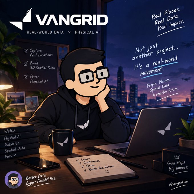 An illustrated promotional image for 'VANGRID - REAL-WORLD DATA x PHYSICAL AI.' It depicts a cartoon character at a desk with a laptop, surrounded by text including 'Capture Real Locations,' 'Build 3D Spatial Data,' 'Not just another project... It's a real-world movement,' and '@vangrid_io'.