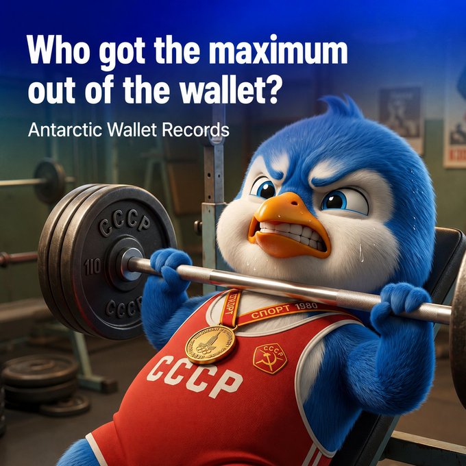 The image features a cartoon blue bird mascot lifting heavy weights in a gym, wearing a red "CCCP" singlet with a gold medal, alongside text that says "Who got the maximum out of the wallet? Antarctic Wallet Records."

The mascot's intense weightlifting effort visually represents the post's message about maximizing value from Antarctic Wallet—showing how increased spending (lifting heavier weights) earns greater rewards (the medal), mirroring the cashback tier system where 1,000,000 RUB in turnover unlocks a 5% cashback tier generating 62,500 in returns.