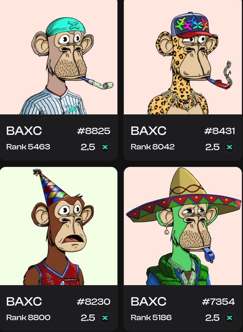 Four Bored Ape Yacht Club (BAYC) NFT listings, each priced at 2.5 ETH, showing ranks 5463, 8042, 8800, and 5186 with various ape traits.