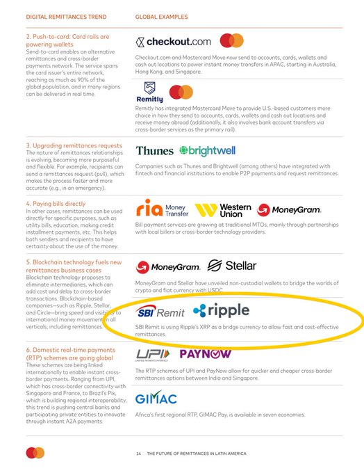 The image shows a page from a magazine with a yellow circle around a company's name, which is "SBI Remit". The text inside the circle states that SBI Remit leverages Ripple for cross-border payments. There are several other companies listed on this page as well, including Mastercard and PayNow.