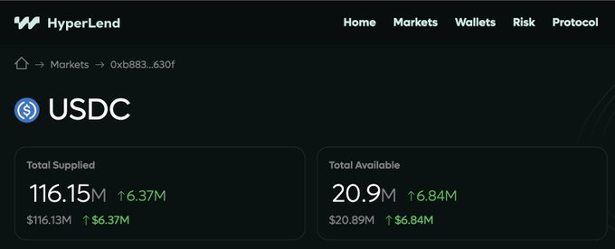 A screenshot of the HyperLend protocol interface showing USDC market stats with Total Supplied at $116.15M and Total Available at $20.89M.