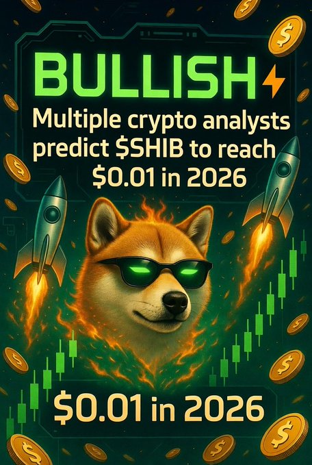 A crypto promotional graphic featuring a Shiba Inu dog wearing sunglasses with flames, rockets, and coins, reading 'BULLISH' and 'Multiple crypto analysts predict $SHIB to reach $0.01 in 2026'.