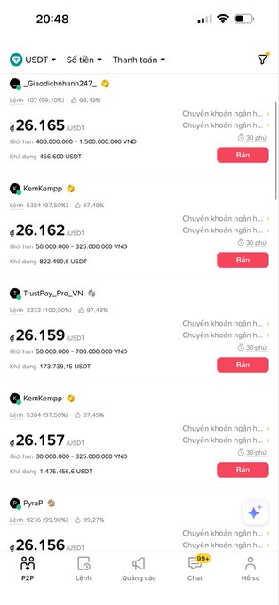 A USDT P2P trading app screenshot showing multiple sell listings with prices around ₫26,156-₫26,165, including sellers like _Giaodichnhanh247_, KemKempp, TrustPay_Pro_VN, and PyraP.
