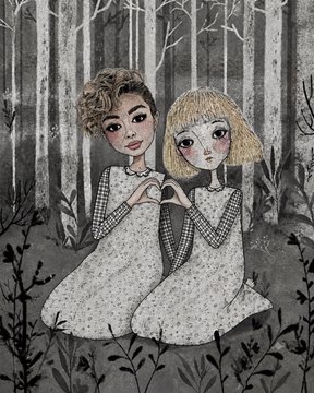 A whimsical mixed-media illustration depicts two doll-like girls in matching floral dresses forming a heart together with their hands, set against a monochromatic forest backdrop. The heartfelt, folk-art style imagery complements the post's grateful message thanking supporters of the art sale, embodying the warmth and community connection being celebrated.