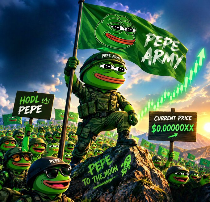 A digital illustration of a Pepe the Frog character dressed as a soldier holding a 'PEPE ARMY' flag, surrounded by other Pepe figures, with text reading 'HODL PEPE', 'PEPE TO THE MOON', and a 'CURRENT PRICE $0.00000XX' sign.
