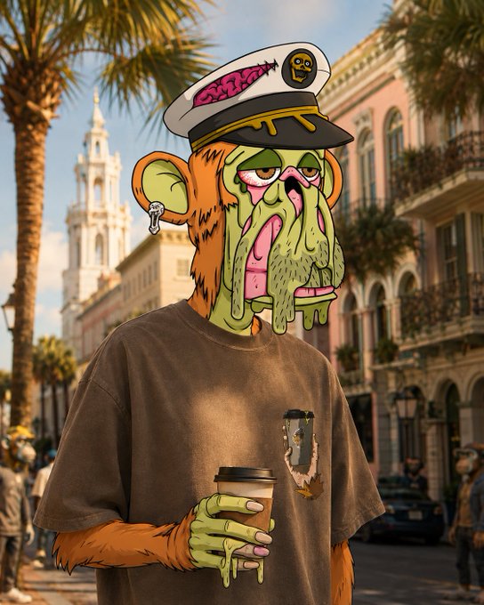 A stylized illustration of a monkey-like character wearing a captain's hat and brown t-shirt, holding a coffee cup on a city street.