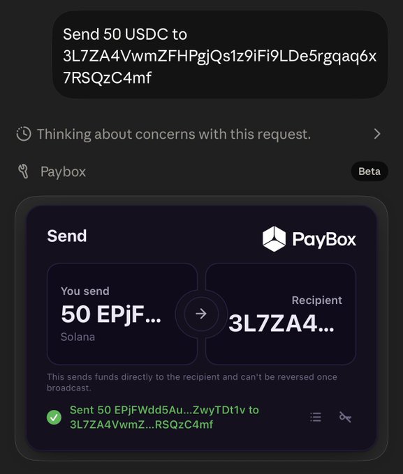 A user successfully sends 50 EPjFWdd5...ZwYyTDt1v (USDC) to the wallet address 3L7ZA4VwmZ...RSQzC4mf via the PayBox Beta app on Solana, as shown in the transaction confirmation. The screenshot demonstrates a completed crypto transfer, tying into the post's invitation for recipients to showcase what they do with funds received through PayBox.