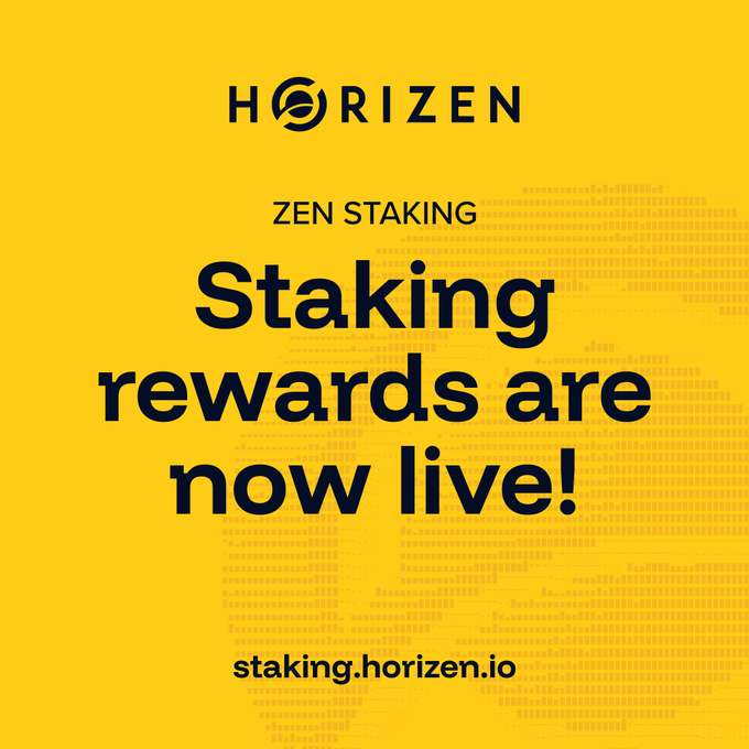 A promotional graphic for Horizen announcing that ZEN staking rewards are now live, directing users to staking.horizen.io.