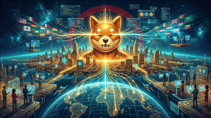 A digital artwork featuring a glowing Shiba Inu dog as a central figure amid a futuristic global network with cityscapes, world map, flags from various countries, and digital interfaces representing cryptocurrency or blockchain themes.
