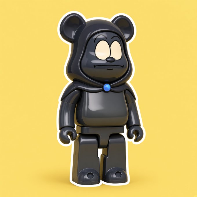 A glossy black Bearbrick-style collectible figure with a hooded bear head design and a small blue gem at the collar stands against a yellow background.
