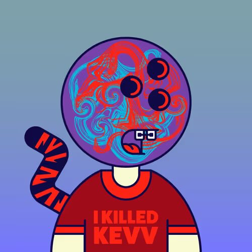 The image features a cartoon character wearing a red shirt that says "I killed Kevv" along with an eye patch, giving off a playful and humorous vibe. The character appears to be a personified bowling ball or a cat-like creature with human-like features. The background of the image is blue, which contrasts nicely with the vibrant red color of the character's shirt.