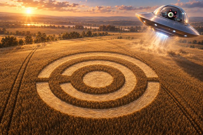 A UFO hovers over a wheat field with a large crop circle pattern, featuring a green alien with an eye symbol inside the craft.