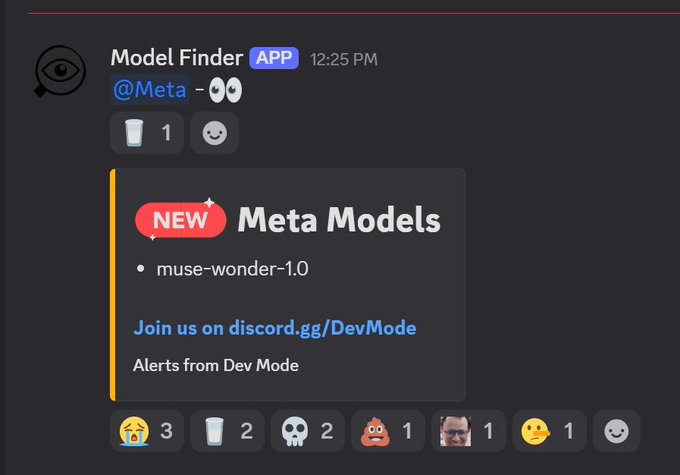 A Discord notification from "Model Finder" (APP) at 12:25 PM announces new "Meta Models," specifically listing "muse-wonder-1.0," alongside a coffee bean emoji and various reaction emojis including a concerned face with 3 reactions. The message promotes joining their Discord community (discord.gg/DevMode) and is tagged as "Alerts from Dev Mode."
