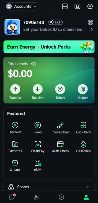 A mobile app screenshot of a digital wallet interface showing 'Accounts', an ID '70906140' at 'Lv.1', total assets of '$0.00', and features including 'Swap', 'Cross-chain', and 'GasToken'.