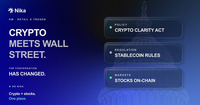 A dark blue promotional graphic for 'Nika' with the text 'CRYPTO MEETS WALL STREET' and 'THE CONVERSATION HAS CHANGED', highlighting 'CRYPTO CLARITY ACT' under Policy, 'STABLECOIN RULES' under Regulation, and 'STOCKS ON-CHAIN' under Markets.