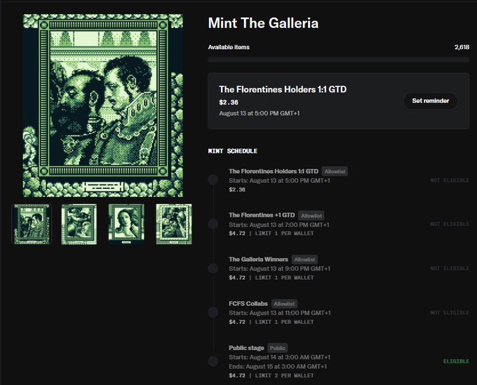 A screenshot of a NFT minting page titled 'Mint The Galleria' showing a Renaissance-style artwork and a schedule of various NFT drops including 'The Florentines Holders' and 'Public stage'.