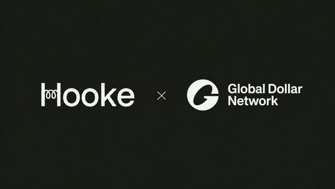 A promotional graphic showing the logos 'Hooke' and 'Global Dollar Network' separated by an 'x' on a black background.
