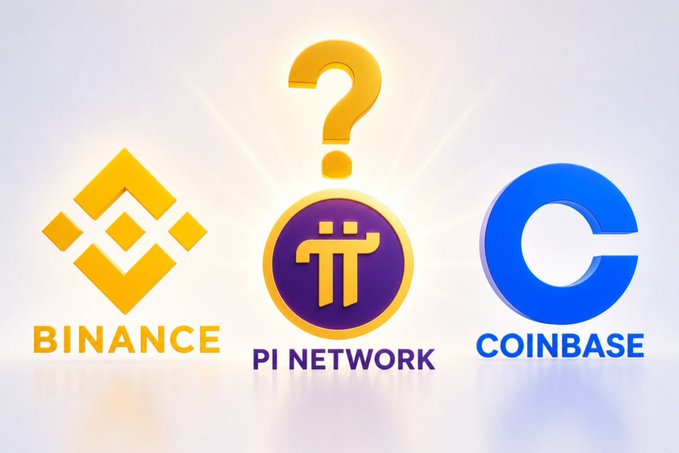 Graphic showing cryptocurrency logos for Binance, Pi Network, and Coinbase with a question mark above Pi Network, suggesting uncertainty about its listing on exchanges.