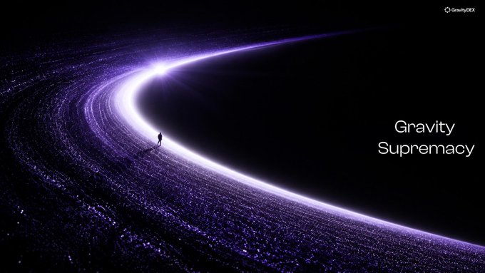 A promotional image for the Gravity DEX featuring a silhouetted figure walking along a glowing purple cosmic stream, with the text 'Gravity Supremacy' and the GravityDEX logo.