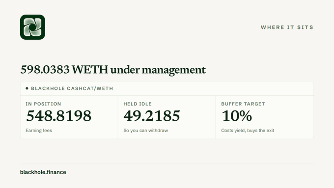 A financial dashboard displays '598.0383 WETH under management' from blackhole.finance, showing metrics for BLACKHOLE CASHCAT/WETH: IN POSITION 548.8198, HELD IDLE 49.2185, and BUFFER TARGET 10%.