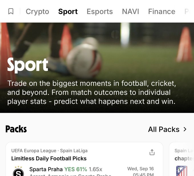 A screenshot of a sports prediction platform showing a 'Sport' section with text 'Trade on the biggest moments in football, cricket, and beyond' and a 'Limitless Daily Football Picks' pack for Sparta Praha vs Ararat-Armenia.