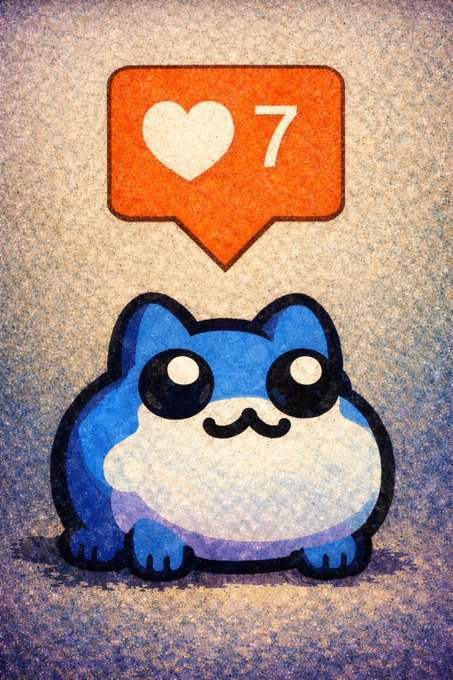 Illustrated cartoon of a chubby blue and white cat with a speech bubble containing a heart and the number 7.