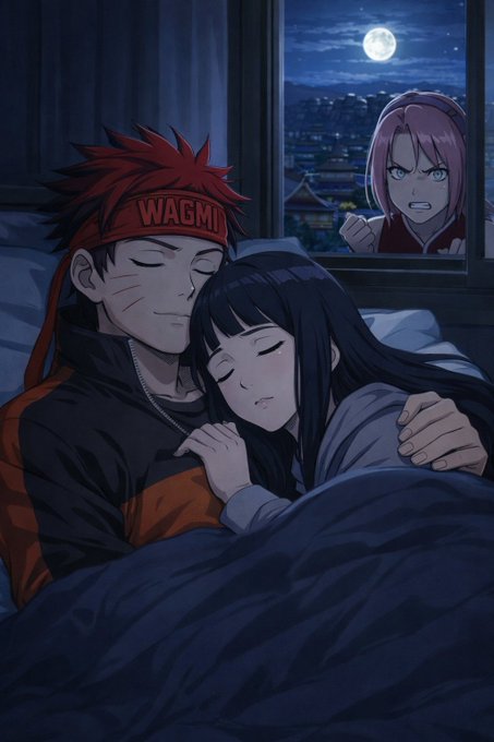 An anime scene depicts Naruto and Hinata peacefully sleeping together, while Sakura angrily peers through the window with a clenched fist under a full moon. The "GN CT" caption humorously conveys Sakura's jealous "goodnight cuties" reaction to the intimate moment.