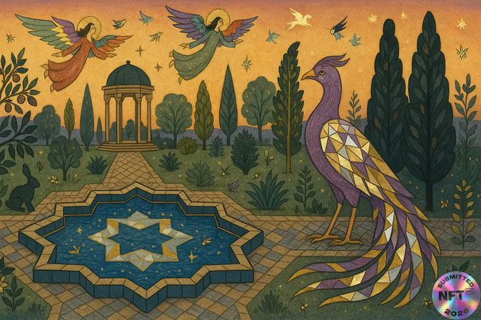 A stylized Persian garden scene features a majestic purple and gold peacock beside an ornate star-patterned fountain, with two angels flying above a domed pavilion against a golden sky, capturing the "Persian Garden" artwork selected for display on Times Square billboards at @NFT_NYC2026 on September 1 at 8:30pm, as indicated by the "NFT NYC 2026" badge in the corner.