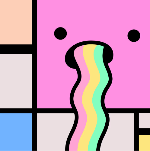 The image features a cartoon character with a pink face, which appears to be spewing out a rainbow-colored stream of liquid or paint. The character's mouth is wide open, revealing its tongue sticking out as if it's about to take a big gulp from the stream. The background consists of squares and rectangles in various colors such as pink, blue, green, yellow, and white. These shapes are scattered around the image, creating an abstract backdrop that complements the cartoon character.