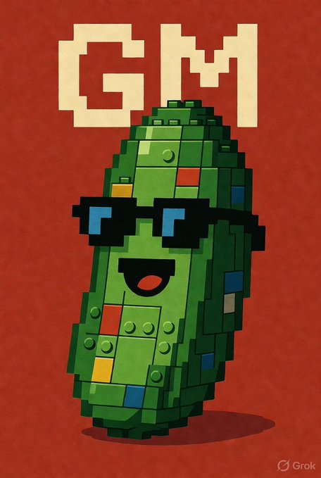 A pixel art illustration on a red background depicts a green pickle character wearing black 'thug life' sunglasses, with the word 'GM' displayed in large blocky letters above it and a Grok watermark in the corner.
