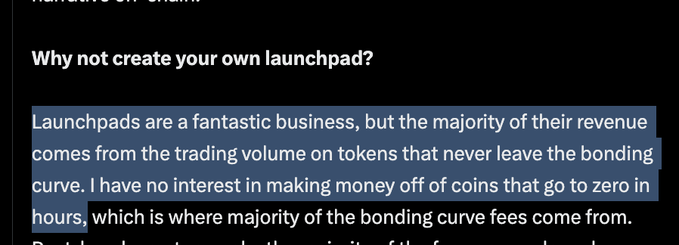 The image displays a text excerpt titled "Why not create your own launchpad?" featuring Ansem's quote explaining his ethical objection to profiting from bonding curve tokens that quickly go to zero. The post contrasts this stance with data showing his launchpad generated 137M in just its first 18 hours live.