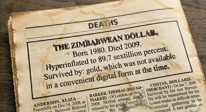 The image shows a newspaper article about Zimbabwean dollars from 1980. The headline reads "The Zimbabwean Dollar. Died 2009. Born 1990. Sexilation percentage available. Hyperinflated by gold, which was not available at the time." The text is in black and white, and it appears to be an old newspaper clipping.