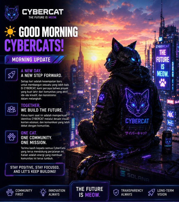 A cyberpunk-style 'Good Morning CyberCats!' morning update poster featuring a character in CYBERCAT branded clothing overlooking a futuristic city at sunset, with Indonesian text emphasizing community, innovation, and transparency.
