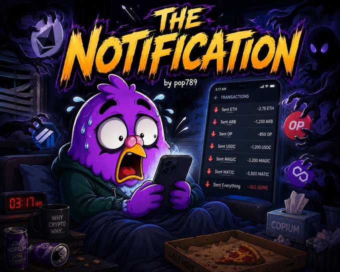 A cartoon illustration titled "THE NOTIFICATION by pop789" showing a panicked purple bird character in bed checking a phone at 3:17 AM, displaying a transaction history of large crypto losses across ETH, ARB, OP, USDC, MAGIC, and MATIC.